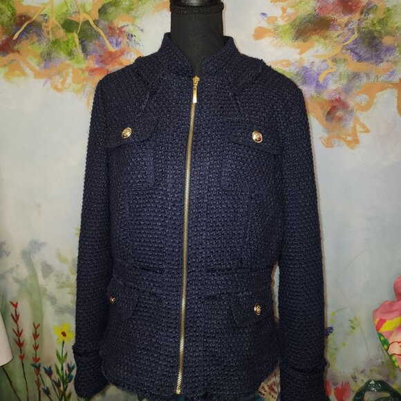 Navy Blue Textured Knit Jacket With Gold Buttons & Zipper Closure - Picture 7 of 10